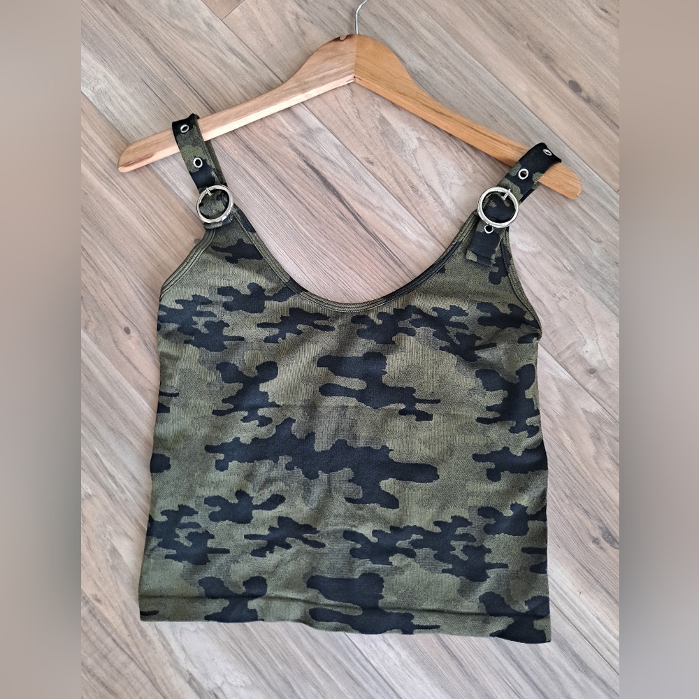 Suzette Camouflage Tank Top Buckle Strap, Stretchable Top Size M/L